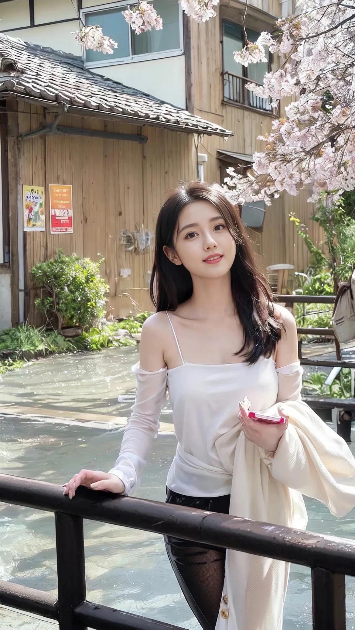 网红模特在垂下的树枝中探出头_美女壁纸